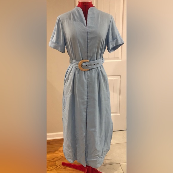 For Cynthia Dresses & Skirts - 🎁 2 FOR $60 For Cynthia Sky Blue Front Closure Linen Blend Midi Shirt Dress